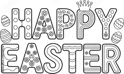 Happy Easter coloring page with flowers and eggs in black and white