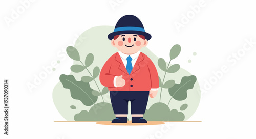 A jovial character in a red jacket and blue hat stands amidst lush green foliage