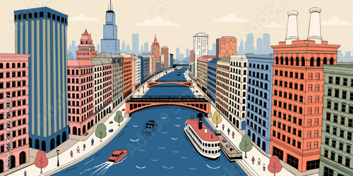 River City Skyline with Boats and Bridges – Vibrant Minimalist Flat Vector Panoramic Illustration | USA Urban Waterfront Landscape Art