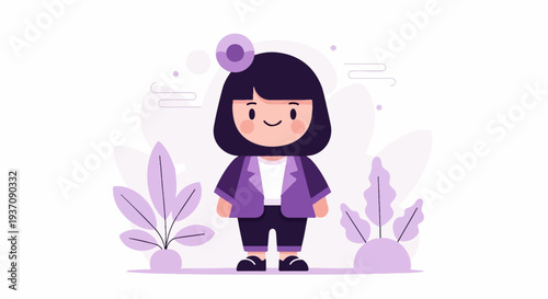 Cheerful cartoon character in purple attire surrounded by abstract botanical elements