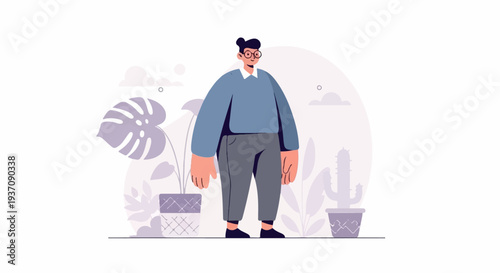 A whimsical illustration of a person with large hands standing among plants and abstract shapes