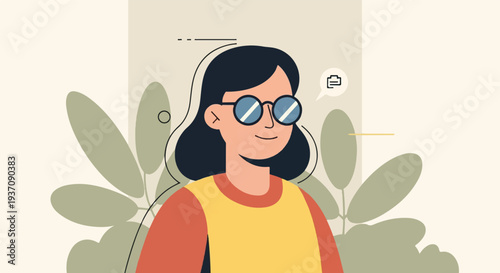 Cartoon woman with glasses and a speech bubble, surrounded by abstract leaves