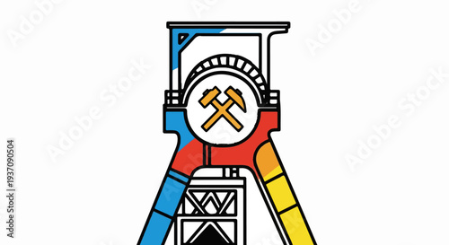 Stylized mining headframe with crossed hammers emblem and colored supports