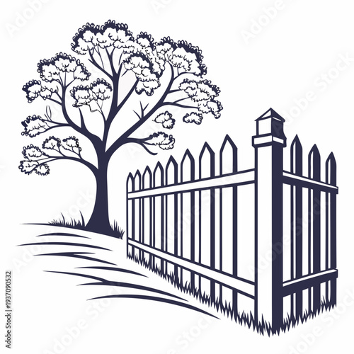 Elegant tree beside wooden picket fence in yard