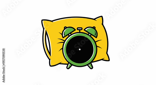 Cartoon yellow pillow with a green alarm clock face and ears, on white