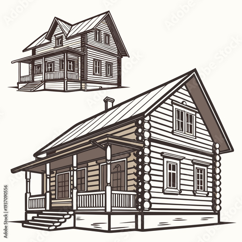 Two log cabins with porches and gable roofs