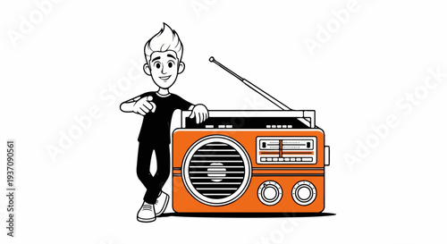 Cheerful cartoon character points to an orange retro radio