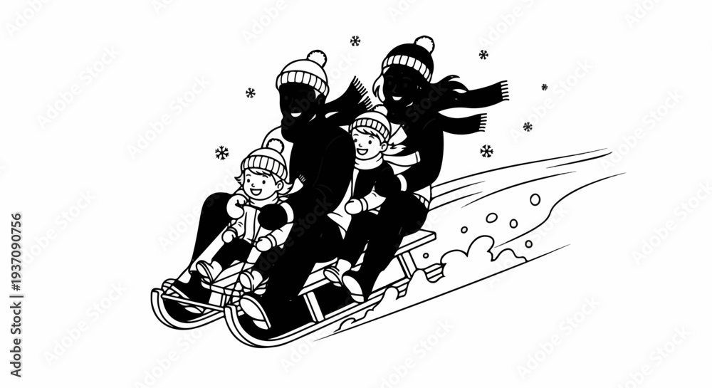 Obraz premium Joyful family sledding down a snowy hill, laughing merrily