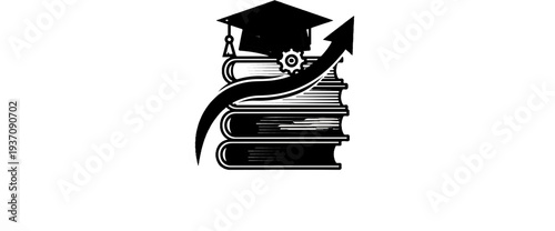 Graduation cap atop stack of books with upward arrow and gear
