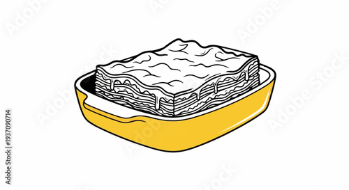 Hand-drawn layered pasta dish in a yellow baking dish