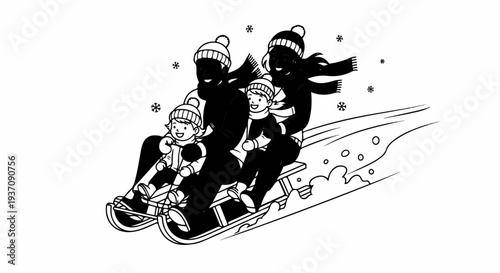 Joyful family sledding down a snowy hill, laughing merrily