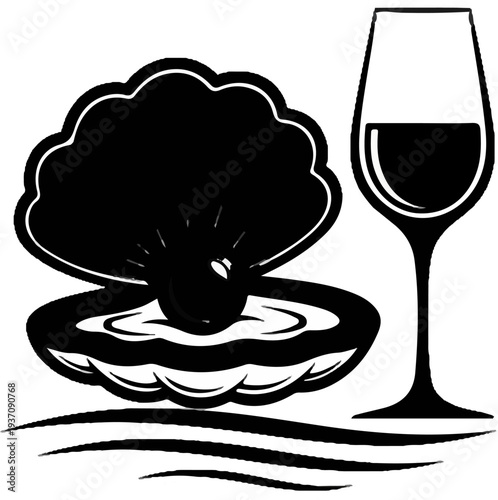 Open shell with pearl and glass of wine, abstract water