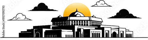 Ornate dome building silhouetted against a bright sun and clouds