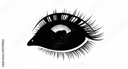 Stylized black eye with long eyelashes and detailed iris