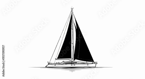 Stylized illustration of a black-sailed yacht on calm water