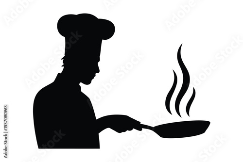 Silhouette of a chef cooking with a steaming frying pan