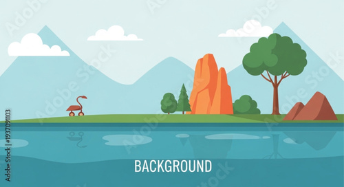 Scenic Landscape with Mountain, Tree, and Water Body.