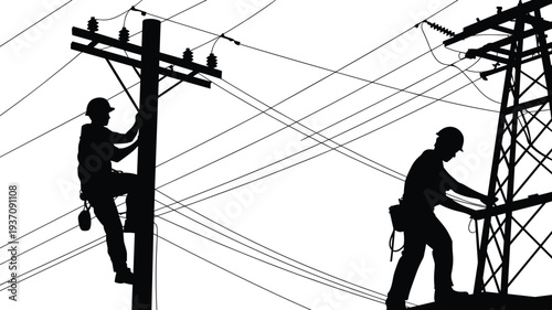 Electric lineman workers repairing power lines silhouette, utility maintenance technician on pole and tower electricity infrastructure illustration