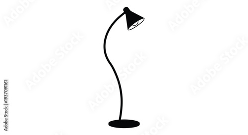 A minimalist illustration of a black arc floor lamp against a plain white background high quality