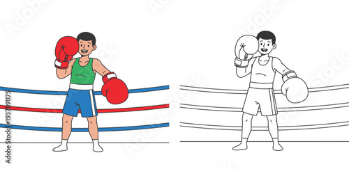 Cartoon smiling boy boxer in the boxing ring wearing red gloves, colored and black and white outline contour illustration for coloring book page