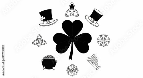 Festive Irish symbols arranged in a circular pattern on white background