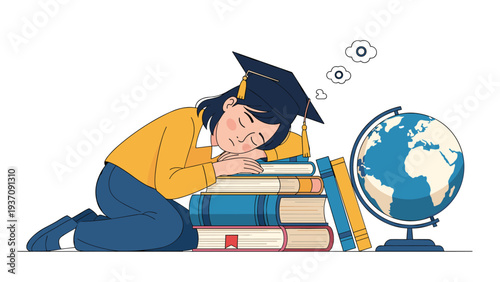 Exhausted student wearing a graduation cap sleeping on a large stack of books next to a world globe representing hard work and long study.