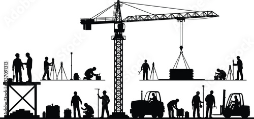 Detailed black silhouette collection of construction workers surveyors and heavy machinery including a 