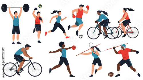 Group of diverse athletes participating in various sports and physical activities like weightlifting, soccer, cycling, and javelin throwing.