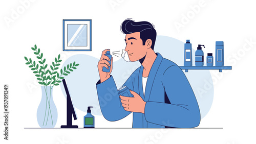 Young man in a blue bathrobe spraying cologne on himself in front of a mirror with various grooming products in a modern bathroom.