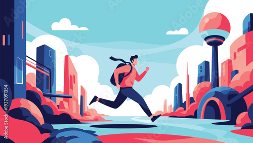 Dynamic flat illustration of a person with a backpack running through a futuristic colorful city with tall buildings and abstract shapes.
