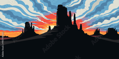 Desert Night Silhouette Under Starry Sky – Minimalist Flat Vector Panoramic Illustration | USA Western Landscape Art