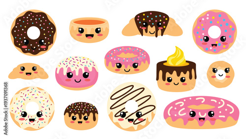 Collection of adorable kawai style donuts and pastries with cute smiling faces in various bright colors and delicious looking toppings.
