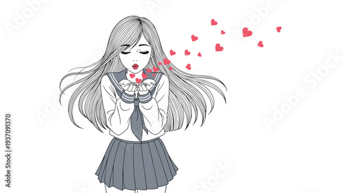 Charming anime-style drawing of a girl in a school uniform blowing a kiss with many small red hearts floating away into the air.