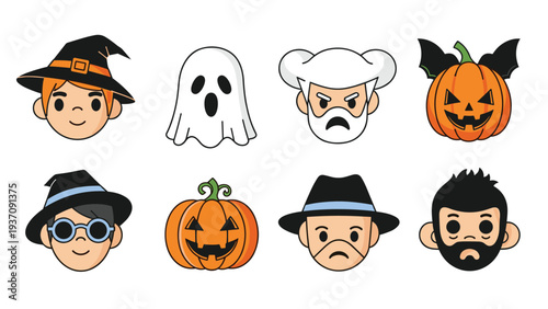 Fun variety of Halloween-themed avatars including characters wearing witch hats, ghosts, pumpkins, and a man with a dark beard.