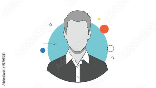 Minimalist avatar of a man with gray hair and a collared shirt against a blue circular backdrop with various colorful geometric shapes.