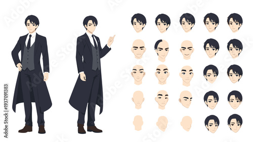 Comprehensive character design sheet of a man in a dark suit showing full-body views and various facial expressions and head angles.