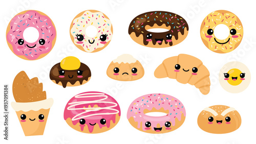 Assortment of adorable kawai style pastry and breakfast items with smiling faces including colorful donuts, croissants, and bread rolls.