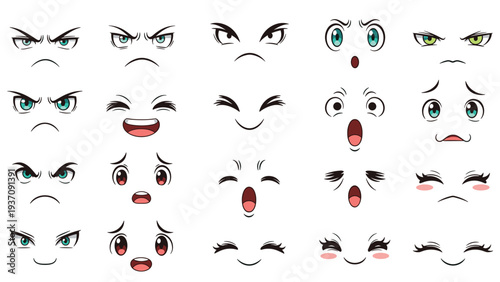 Collection of anime and manga style eyes featuring diverse facial expressions like anger, surprise, happiness, and sadness for character design.