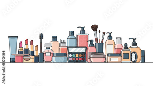 Large collection of beauty and makeup products including lipsticks, brushes, foundation, and eyeshadow palettes arranged in a clean line.