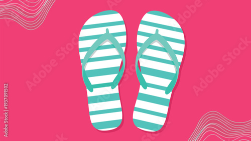 Pair of teal and white striped flip flops placed on a bright pink background with white wave lines for a summer and beach vacation theme.