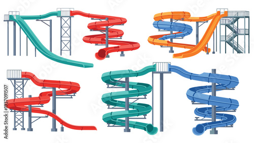 Collection of various water park slides in different colors and shapes including spirals and tunnels for summer recreation and fun.