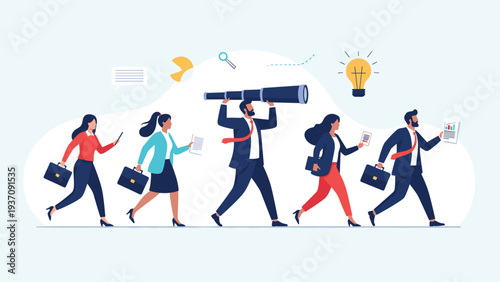 Group of business professionals running forward with tools like a telescope and lightbulb to represent innovation and reaching goals.