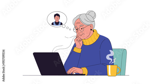Elderly woman using a laptop computer while thinking of a younger man, likely representing a video call with a grandson or family member.