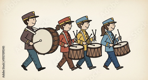 Group of musicians playing drums and percussion instruments.