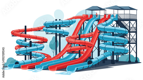 Large outdoor water park featuring a variety of tall slides in red and blue, providing an exciting summer attraction for all ages.