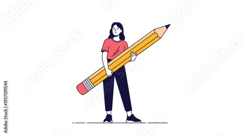 Young woman standing while holding a giant yellow pencil to symbolize creativity, writing, education, and the power of ideas and design.