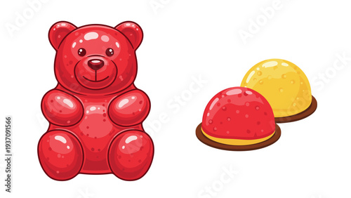 Red gummy bear candy and two round jelly sweets showing a glossy and delicious texture for a dessert and confectionery theme.