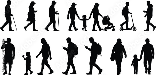 Black silhouette collection of diverse people walking, families with children, seniors with canes, and commuters isolated on a white background.
