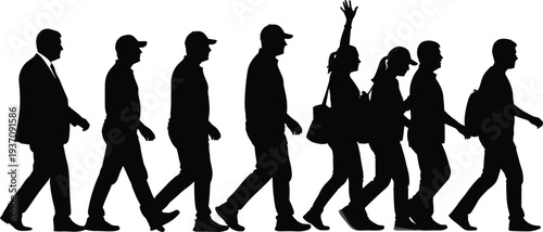 Detailed black silhouette collection of diverse men and women walking in various poses and attire isolated on white background.