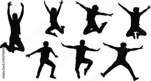 Jumping People Silhouette Set with Happy Man and Woman Jump Poses, Celebration Action Figures for Fitness, Freedom, Success and Lifestyle Design